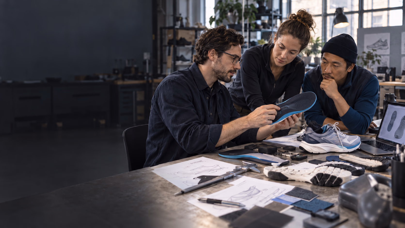 A multidisciplinary product team examining a smart insole at a footwear development bench