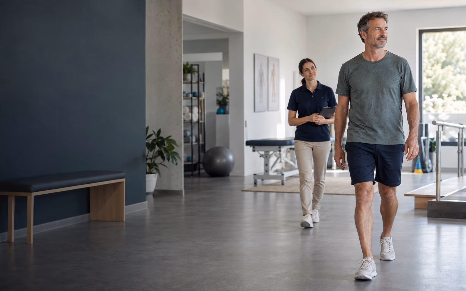 A patient walking through a rehabilitation clinic with a physiotherapist