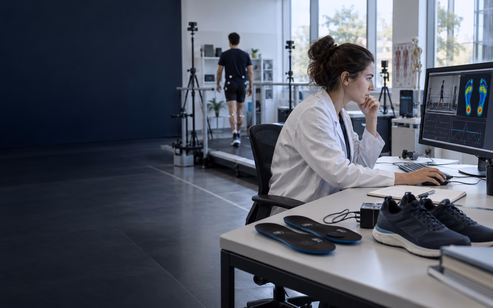 A researcher reviewing movement data in a biomechanics laboratory